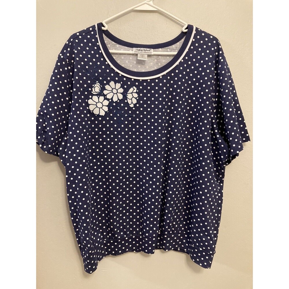 Anthony Richards Women’s Embroidered Top Blue White Polka Dot Floral Plus 1X